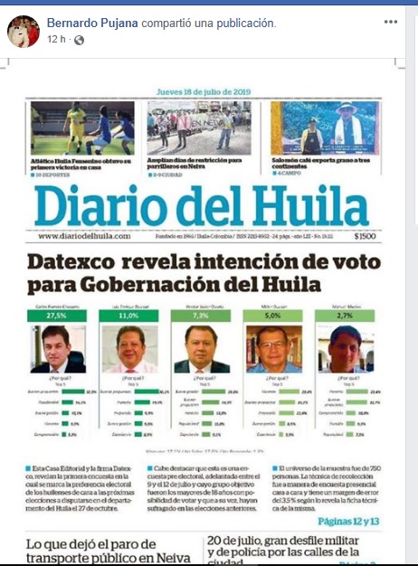 Archivo en pdf de la portada del Diario del Huila que se movió antes de ser publicada