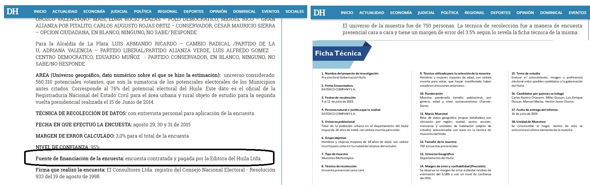 A la izquierda la ficha de una encuesta hecha por el DH en 2015 en la que menciona la fuente de financiación. // En la derecha la ficha de la encuesta de ayer que no lo menciona, 