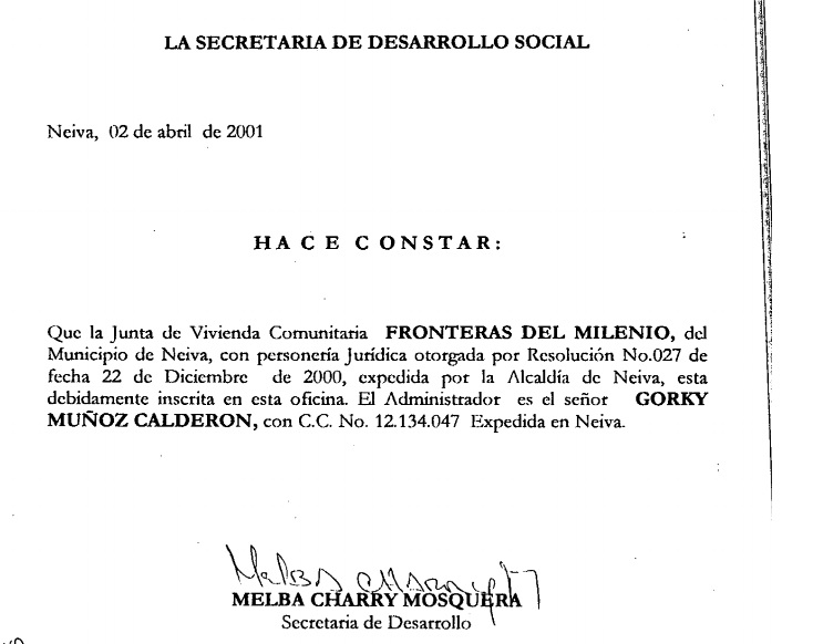 Certificado de representación de Junta de Vivienda Fronteras del Milenio del año 2000