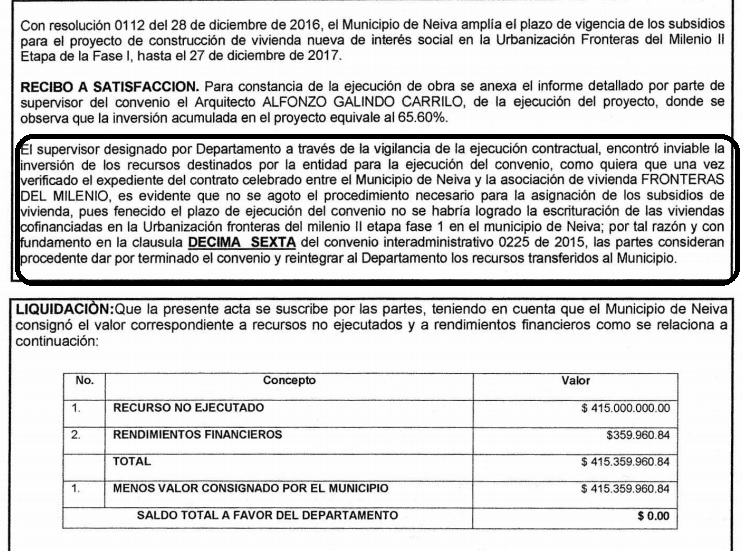 Acta de liquidación que pide devolver al departamento los 415 millones de pesos de subsidios.